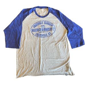‘47 baseball 3/4 sleeve loose fit raw edge louisville slugger tshirt grey blue